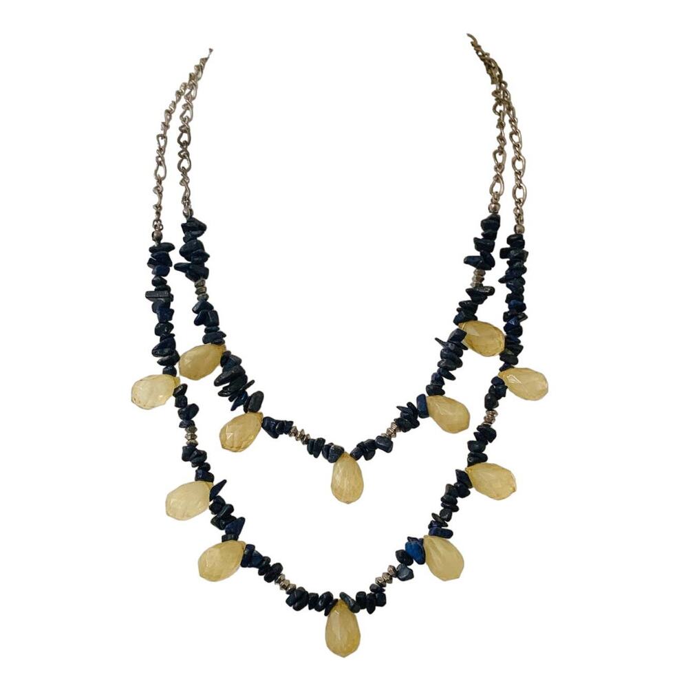 Two Strand Beaded Silver Chain Blue Chip Yellow Teardrop Necklace